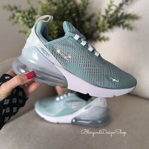 Bling Women's Nike Air Max 270 Green White Sneakers made with Swarovski Crystals